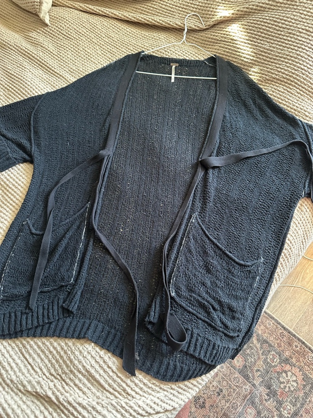 Free People Black Tie-Front Open-Knit Cardigan